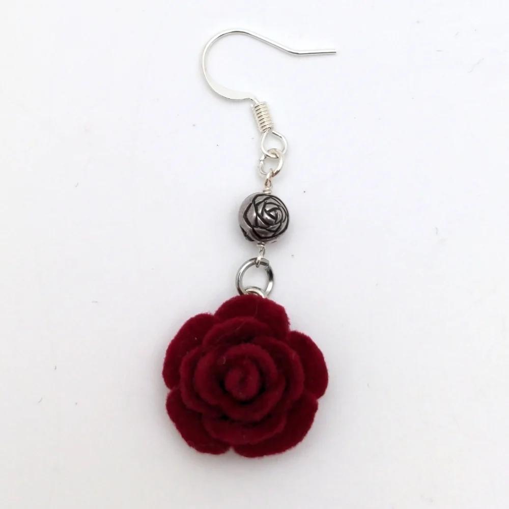 381MIDALANE Assymmetrical Flocked Red Rose Earrings